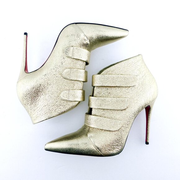 CHRISTIAN LOUBOUTIN Platinum Shimmer Foil Leather Strap Ankle Boots Heels 37 - Picture 6 of 10